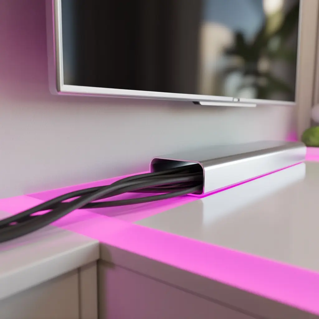 Black cables run through a white cable management channel beneath a wall-mounted screen on a desk with pink lighting.