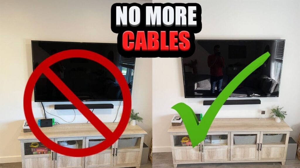 Before-and-after TV setup showing visible hanging cords marked with a red “no” symbol and a cleaner cord-free setup marked with a green check, with the text “No More Cables” above.