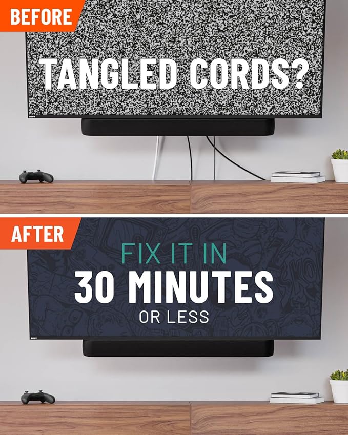 Before-and-after graphic showing tangled TV cords hidden with a cable management kit in 30 minutes or less.