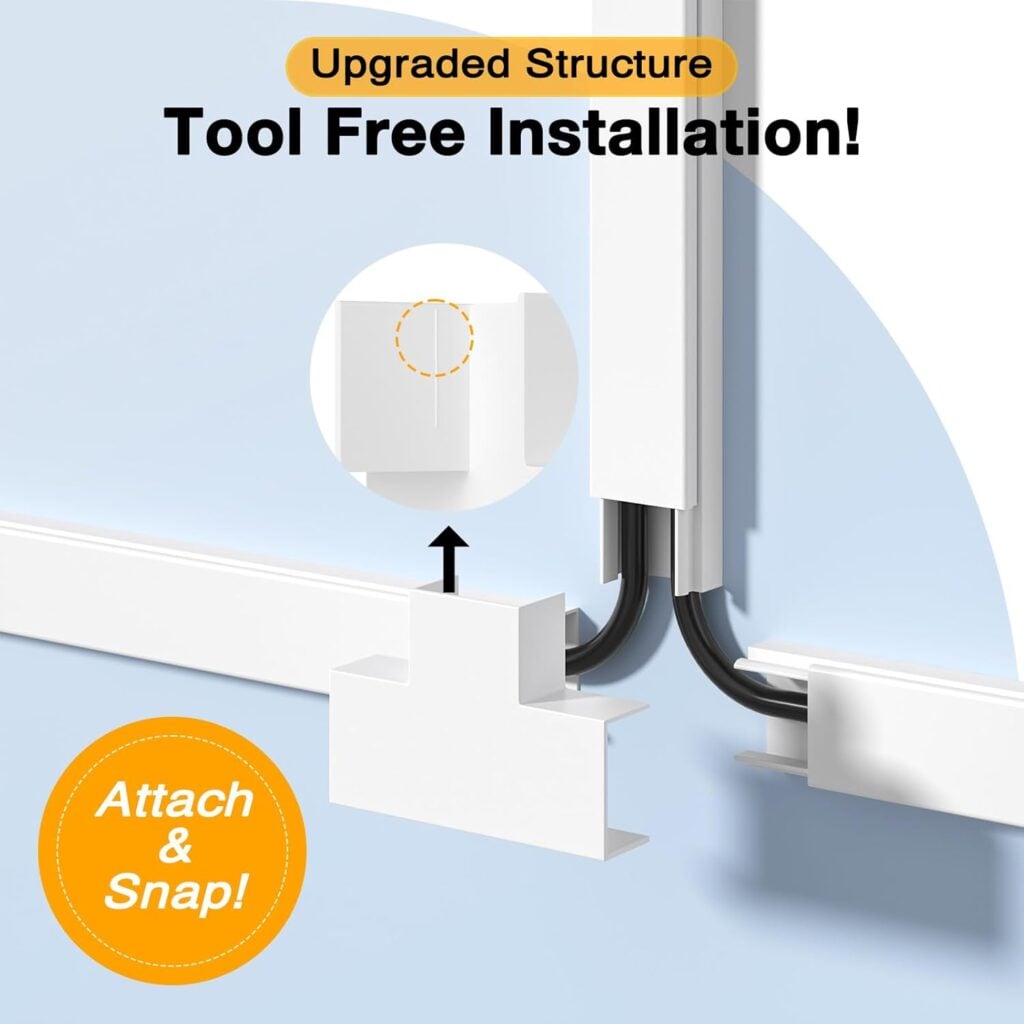 Snap-on white cord cover system showing tool-free installation for hiding TV cables along a wall.