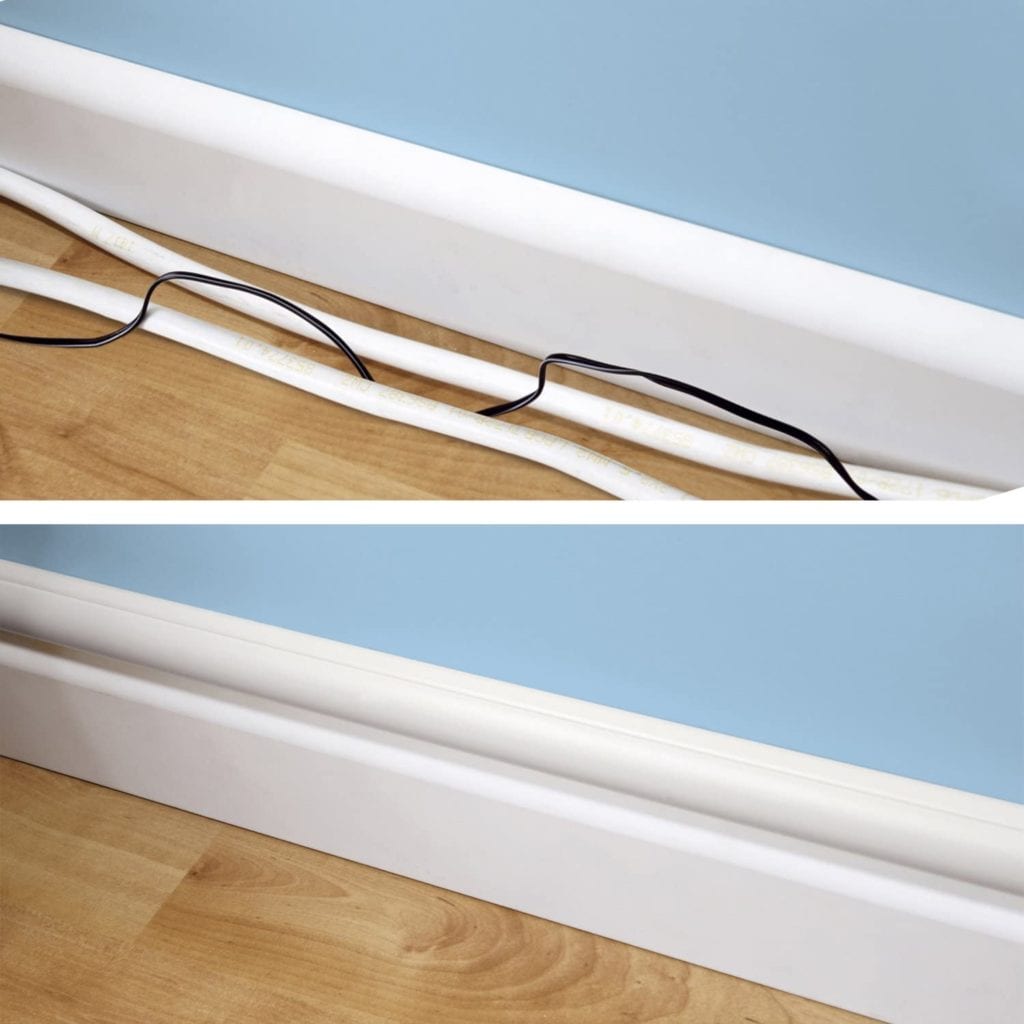 Before-and-after view of loose cords along a baseboard hidden inside a white cord cover against a blue wall.