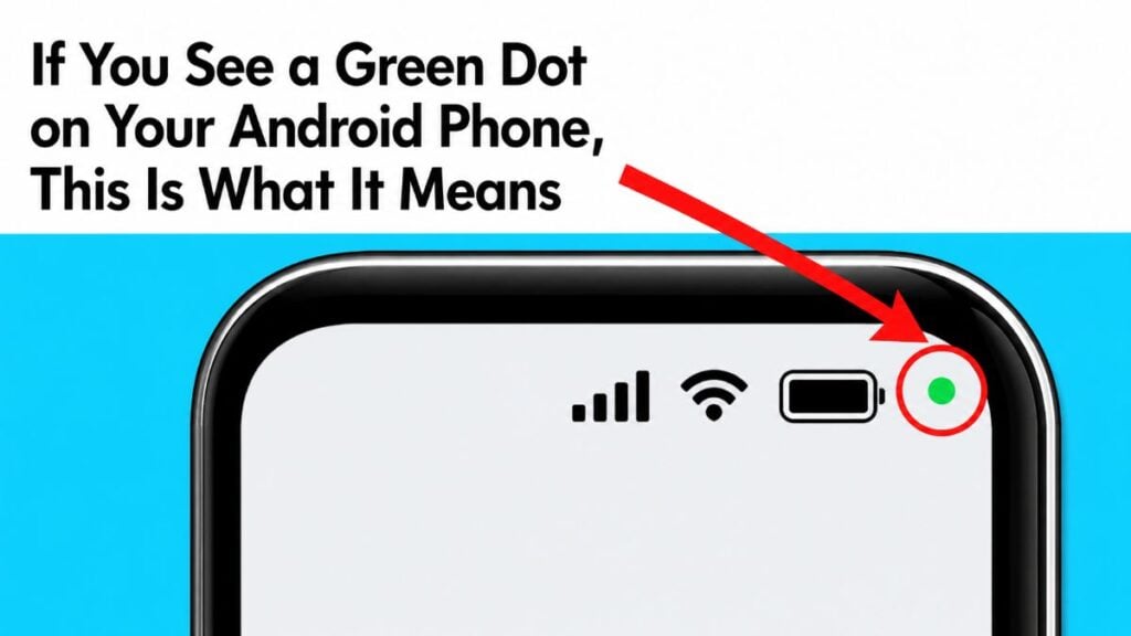 A bold graphic shows a close-up of an Android phone screen with a red arrow pointing to a circled green dot near the battery icon, under the headline “If You See a Green Dot on Your Android Phone, This Is What It Means.”
