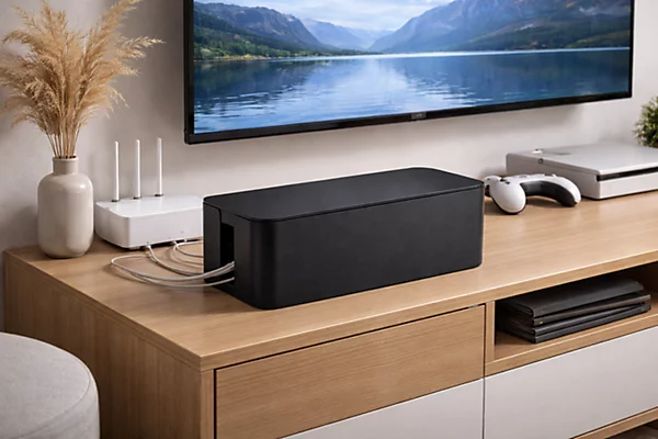 Black cable management box on a wooden TV stand conceals power strips and cords, with a router, game controller, and console nearby.