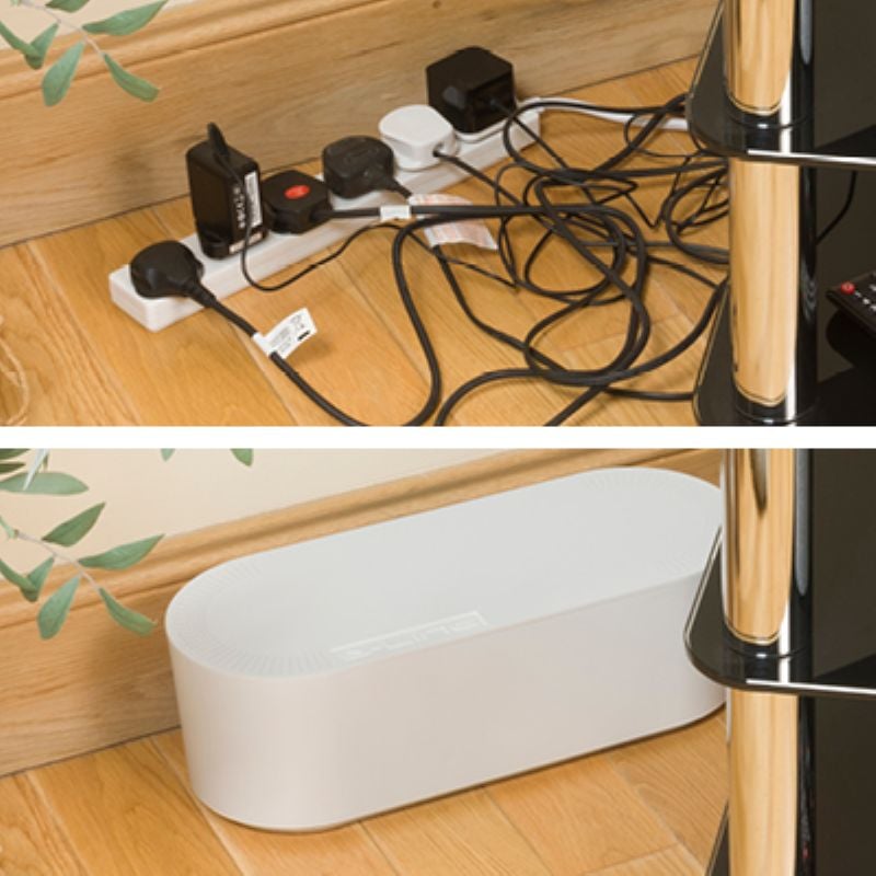 Before-and-after view showing messy power strip cables on the floor hidden inside a white cable management box.