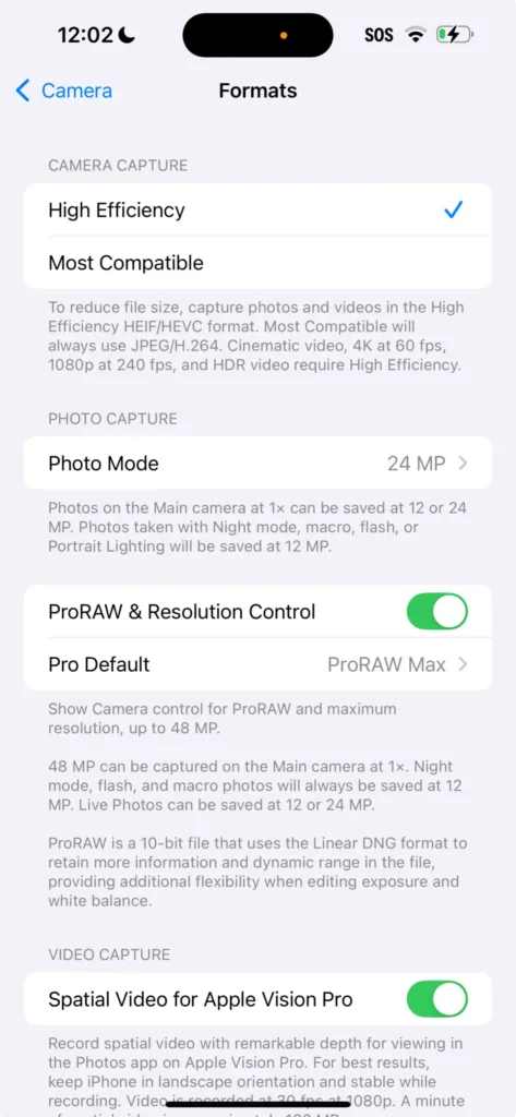 iPhone Formats settings screen showing High Efficiency selected, Photo Mode set to 24 MP, ProRAW & Resolution Control enabled, and Pro Default set to ProRAW Max.