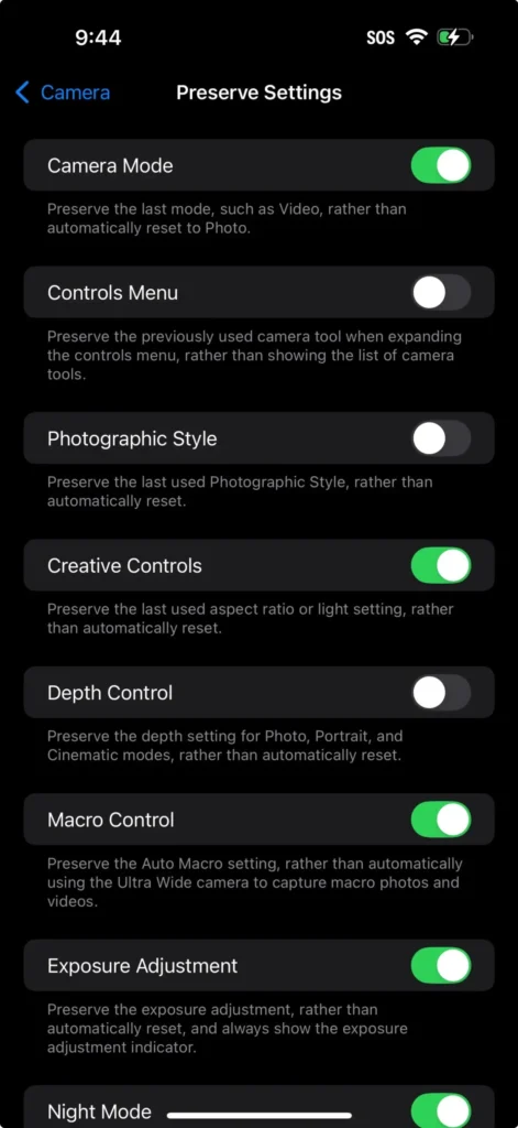iPhone Preserve Settings screen showing camera options like Camera Mode, Creative Controls, Macro Control, Exposure Adjustment, and Night Mode toggled on.