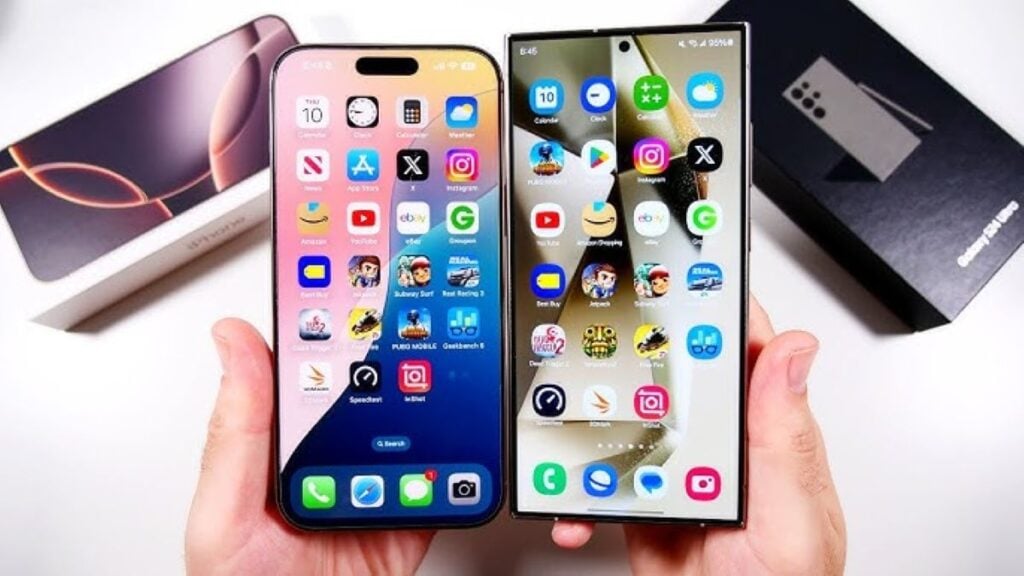 Two smartphones held side by side, showing an iPhone home screen on the left and a Samsung home screen customized to look like an iPhone on the right.