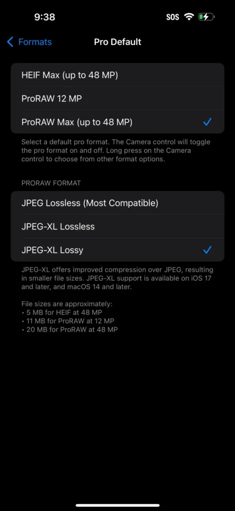 iPhone Pro Default settings screen showing ProRAW Max up to 48 MP selected with JPEG-XL Lossy chosen as the ProRAW format.
