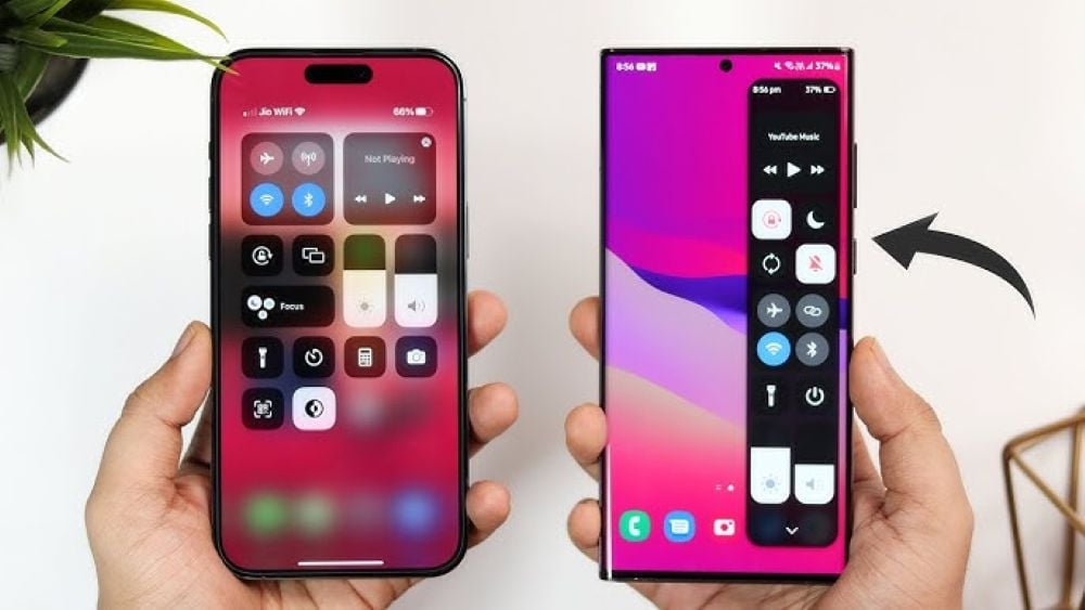 Side-by-side comparison of an iPhone Control Center and a Samsung phone using an iOS-style Control Center layout, with an arrow pointing to the Samsung screen.