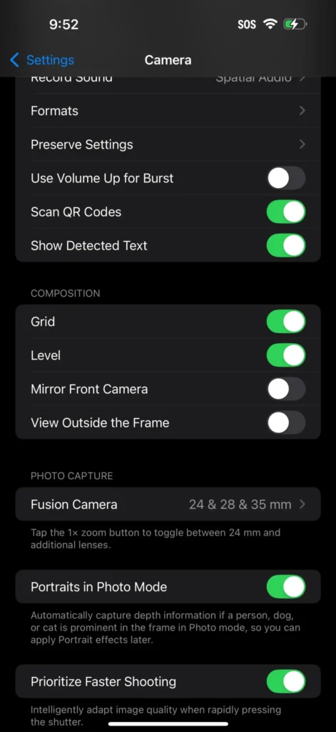 Camera settings screen showing Grid and Level enabled, with options for Fusion Camera, Portraits in Photo Mode, and Prioritize Faster Shooting.