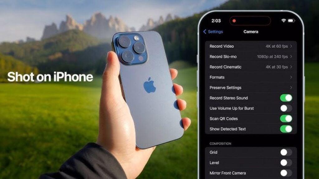 Hand holding an iPhone in front of a scenic mountain landscape with “Shot on iPhone” text and an iPhone Camera settings screen shown beside it.