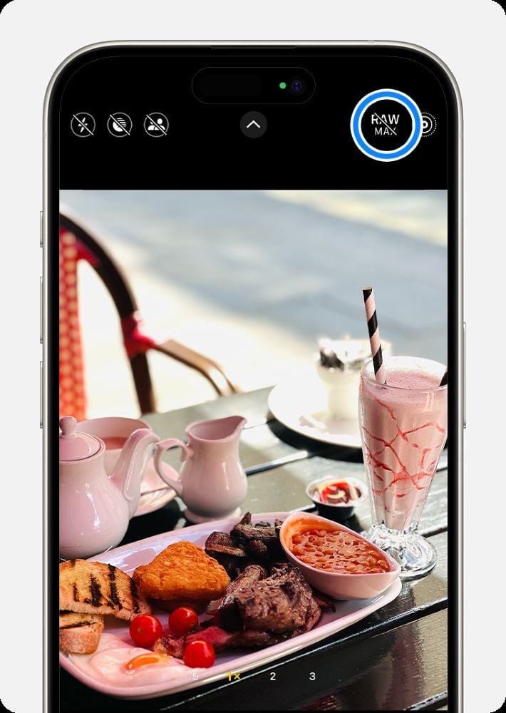 iPhone camera app open on a food photo with the RAW Max button highlighted at the top of the screen.